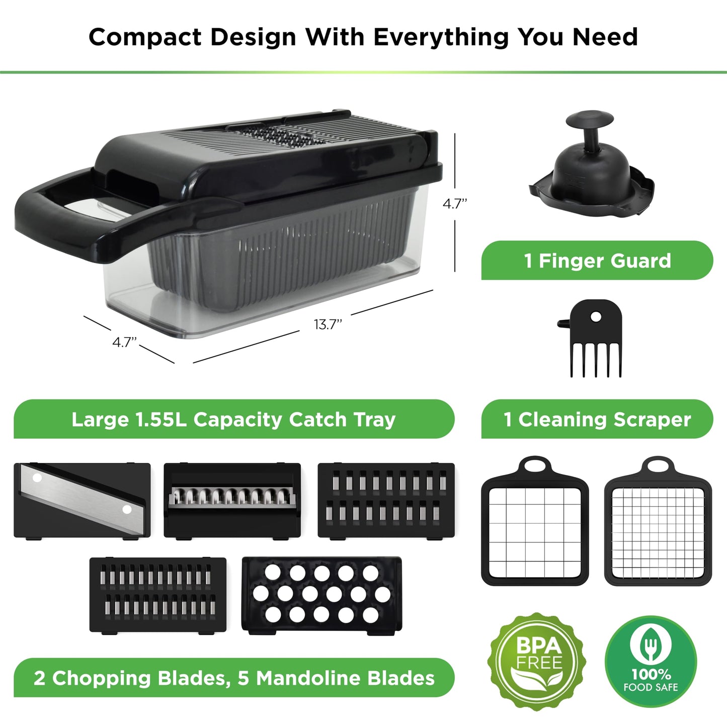 PrepNaturals Vegetable Chopper with Container, Veggie Chopper, Food Chopper & Onion Chopper - Mandoline Slicer for Kitchen (8 in 1, Black)