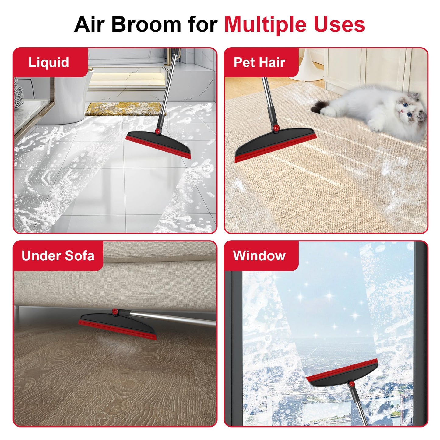 UDUK Broom with Dustpan Combo Set and Silicone Air Broom Kit, 51" Long Handle Floor Squeegee, Red Household Kit for Glass Window Rugs Pet Hair Home