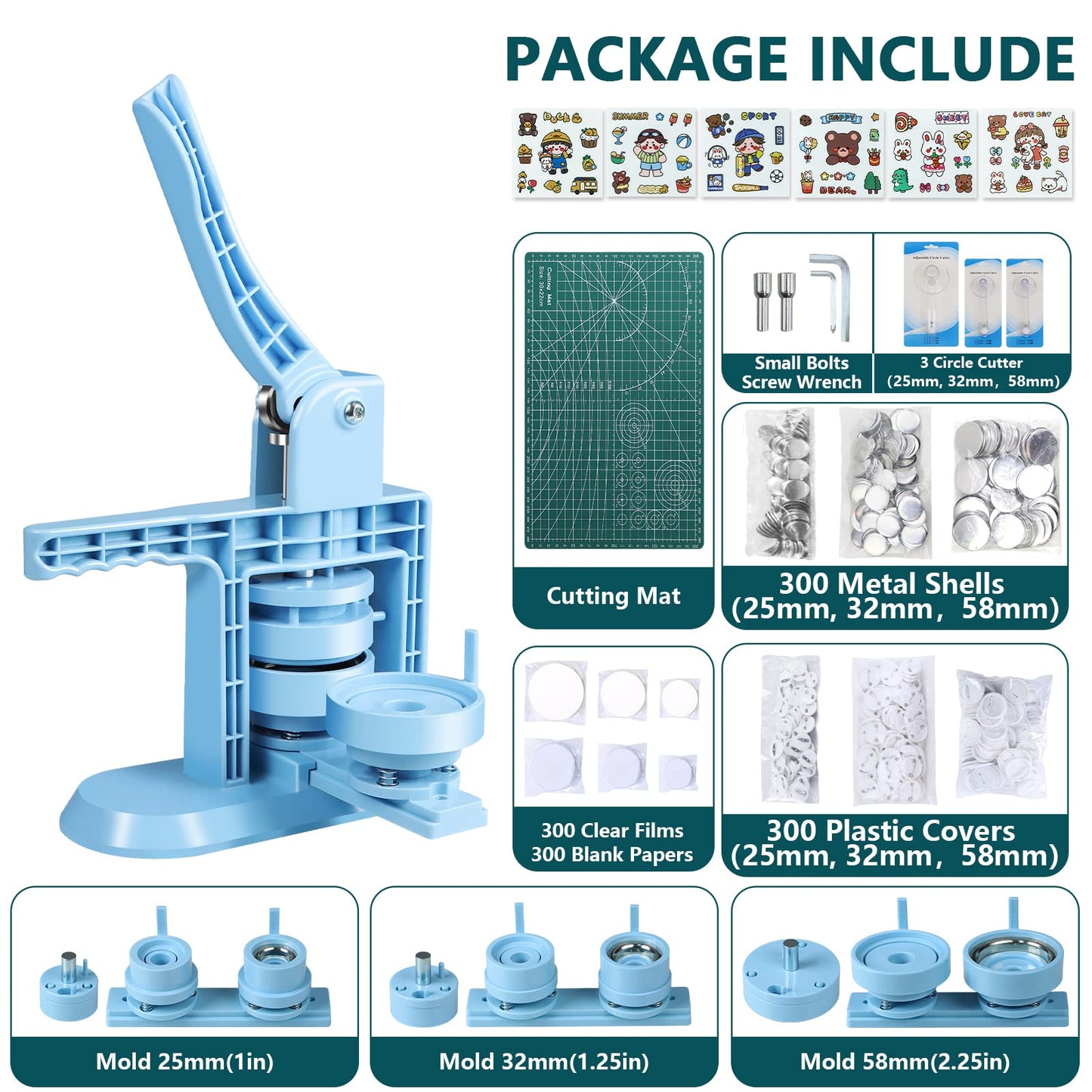 MK.Bear Button Maker Machine Multiple Sizes 1+1.25+2.25inch(4th Gen), DIY Button Pin Maker Machine Kit, Badge Press Machine with 300PCS 25+32+58mm Button Making Supplies& Cutting Mat&Circle Cutter