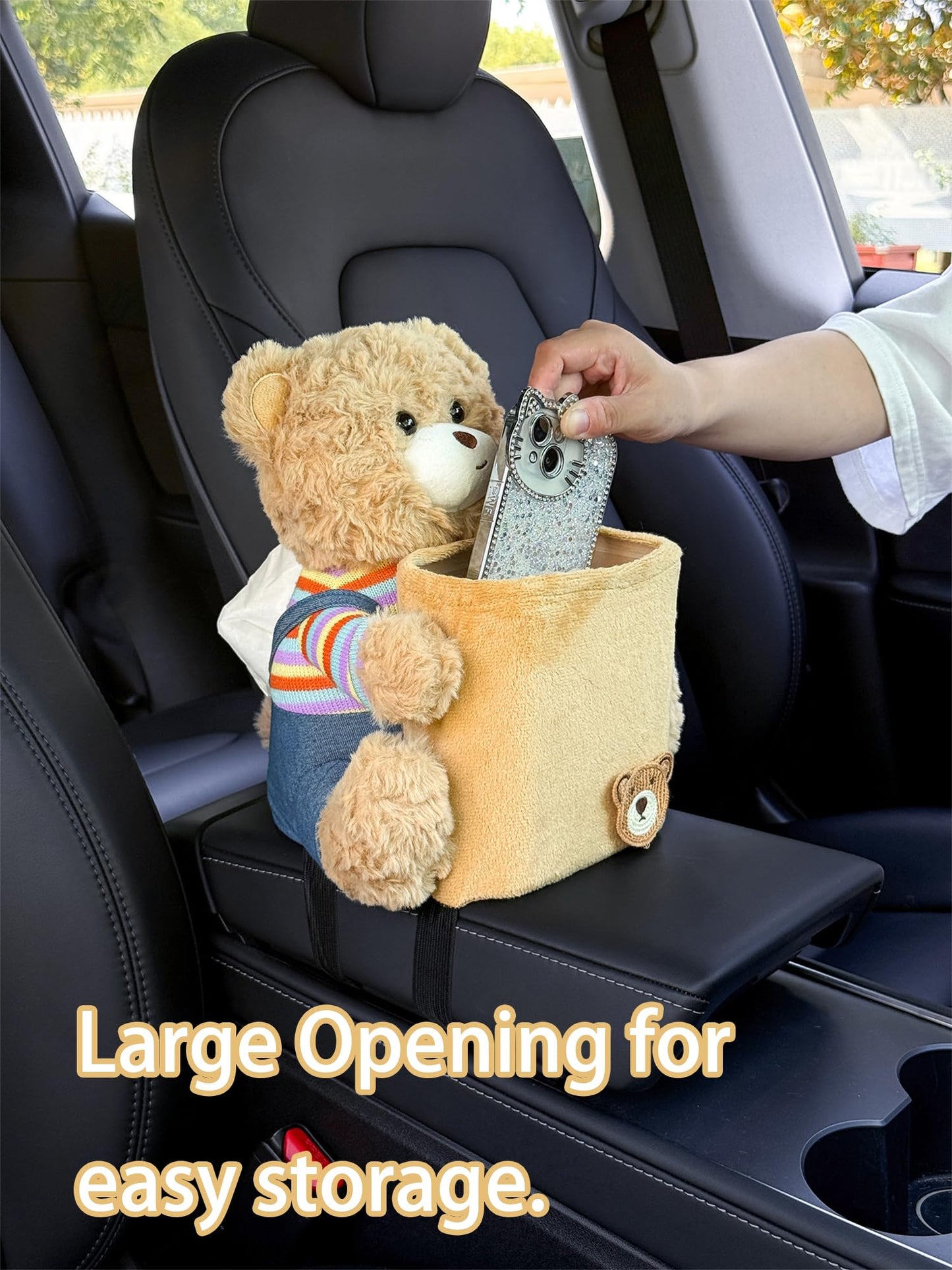 VimoDemo Cute Car Trash Can with Tissue Holder Teddy Bear Tissue Box Console Stuffed Animal Organizer Plush Doll Multifunctional Creative Accessories for Women Rainbow Bear