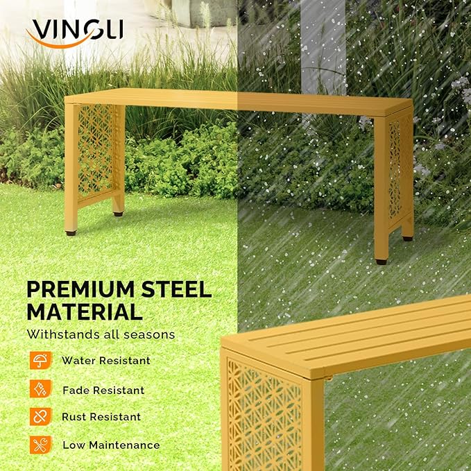 VINGLI 40in Outdoor Metal Bench, All-Weathe Backless Patio Bench with Slatted Seat＆Floral Side Panels, Rust-Resistant Garden Bench, Weatherproof Outdoor Seating for Porch Entryway Backyard (Yellow)