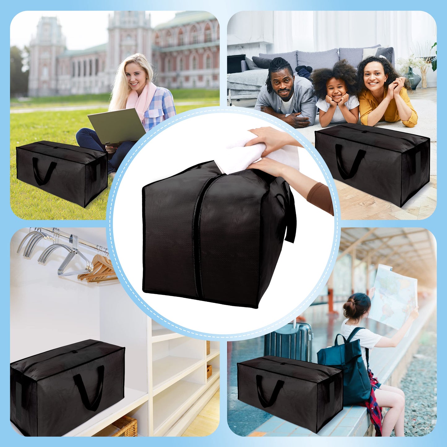 HOMESURE 4 Pack Large Strong Moving Bags with Zippers & Carrying Handles - Water-Resistant - Heavy Duty Storage Tote for Space Saving Moving Storage, Fold Flat, Alternative to Moving Box (Black)