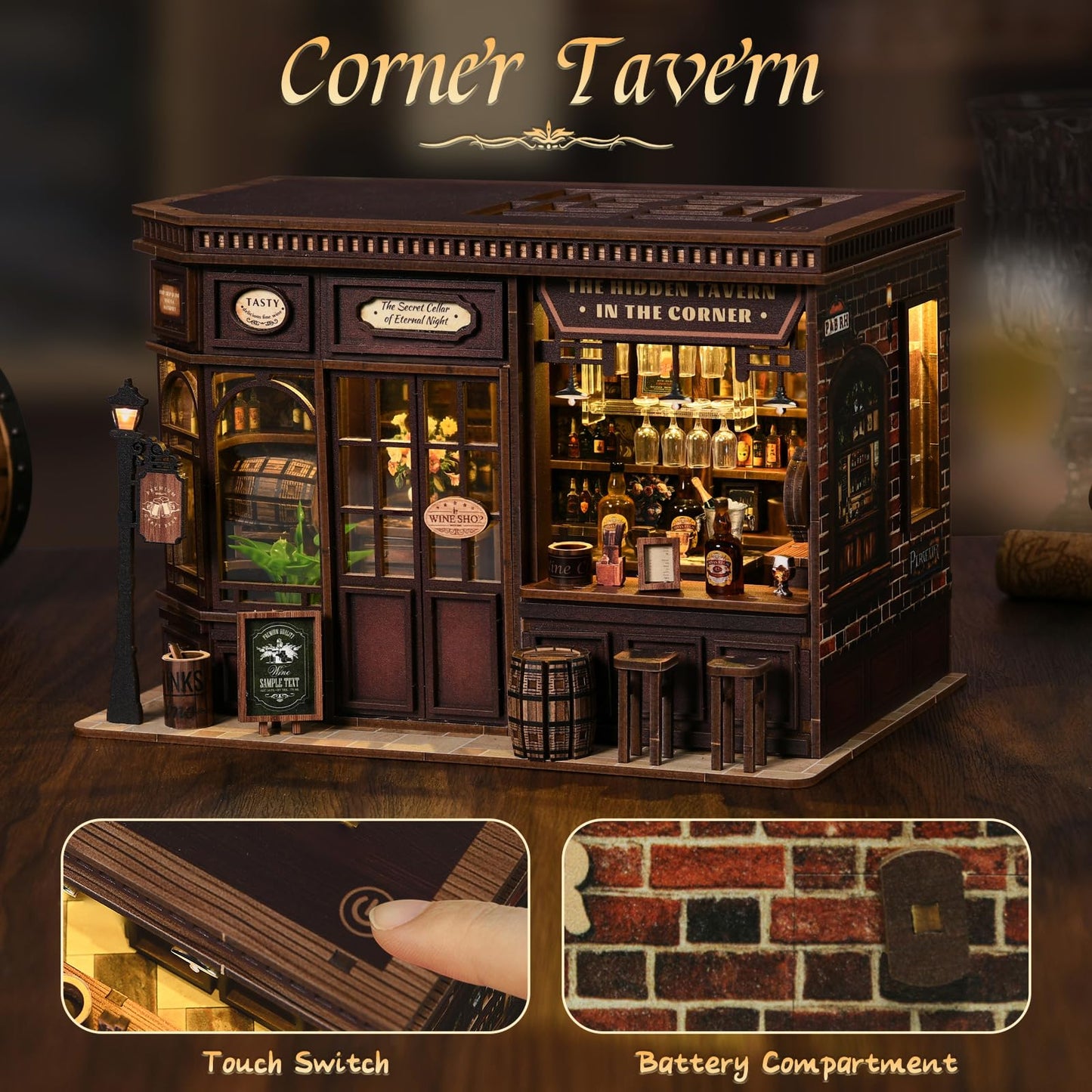 FLTRXCE Corner Tavern Book Nook Kits for Adults - DIY Miniature Doll House Kit with LED Lights, 3D Wooden Puzzles, Teens & Beginners, Unique Gift for Book Nooks Lovers, Bookshelf Decor