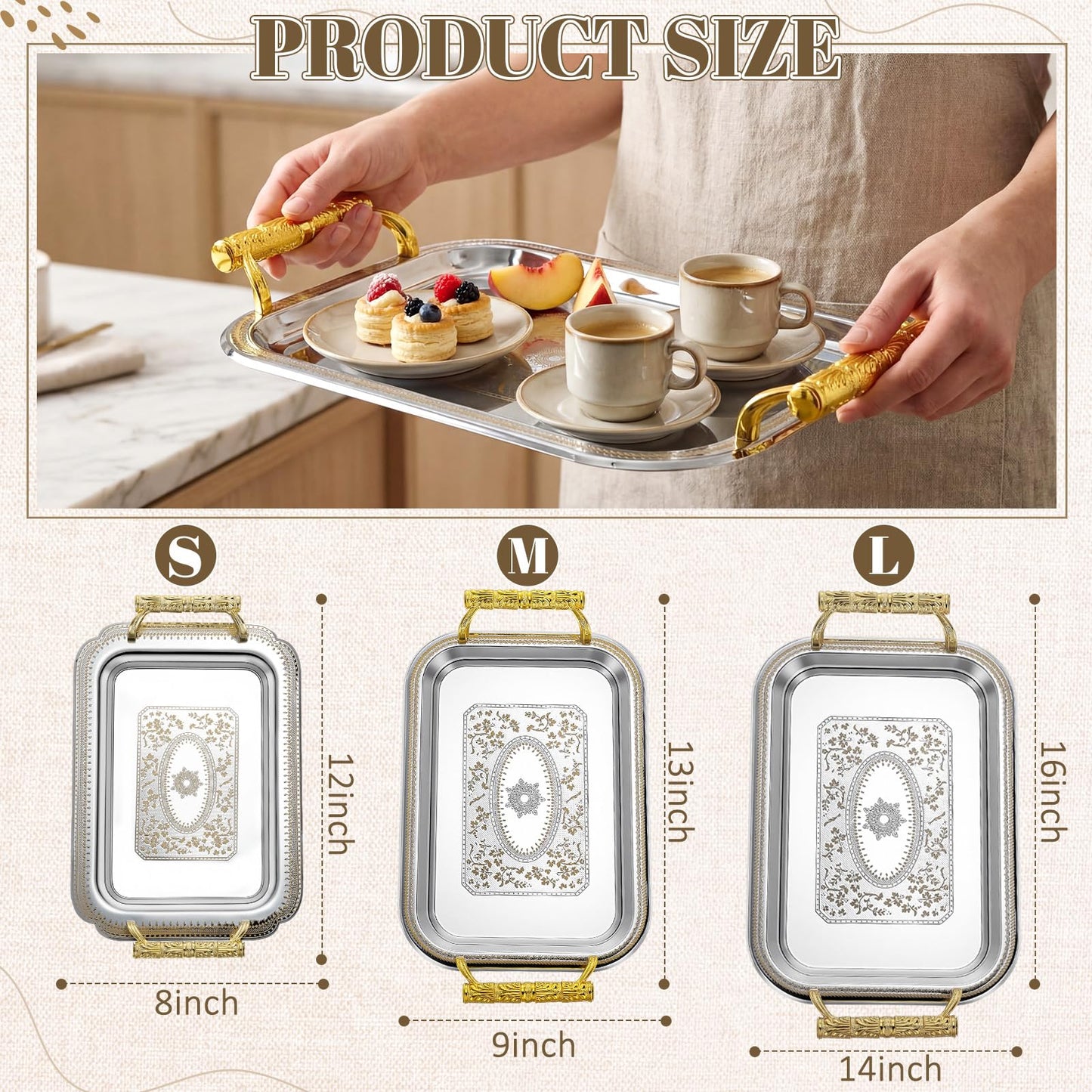 Teecyhooo 3 Pack Stainless Steel Serving Tray with Gold Handle Silver Metal Plate Platter Coffee Tea Serving Tray Floral Table Platter for Buffet Wedding Party Jewelry(Rectangle)