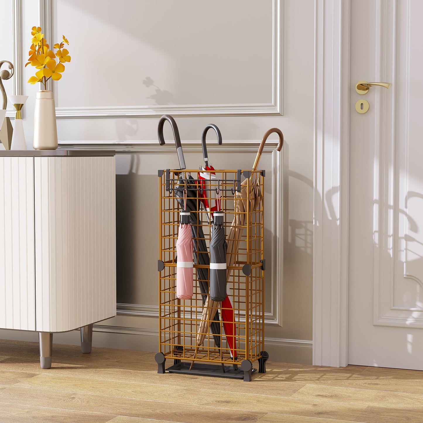 AWTATOS Umbrella Holder Entryway, Umbrella Stand Freestanding, Metal Square Umbrella Rack Organizer with a Removable Drip Tray, Hooks, Brown