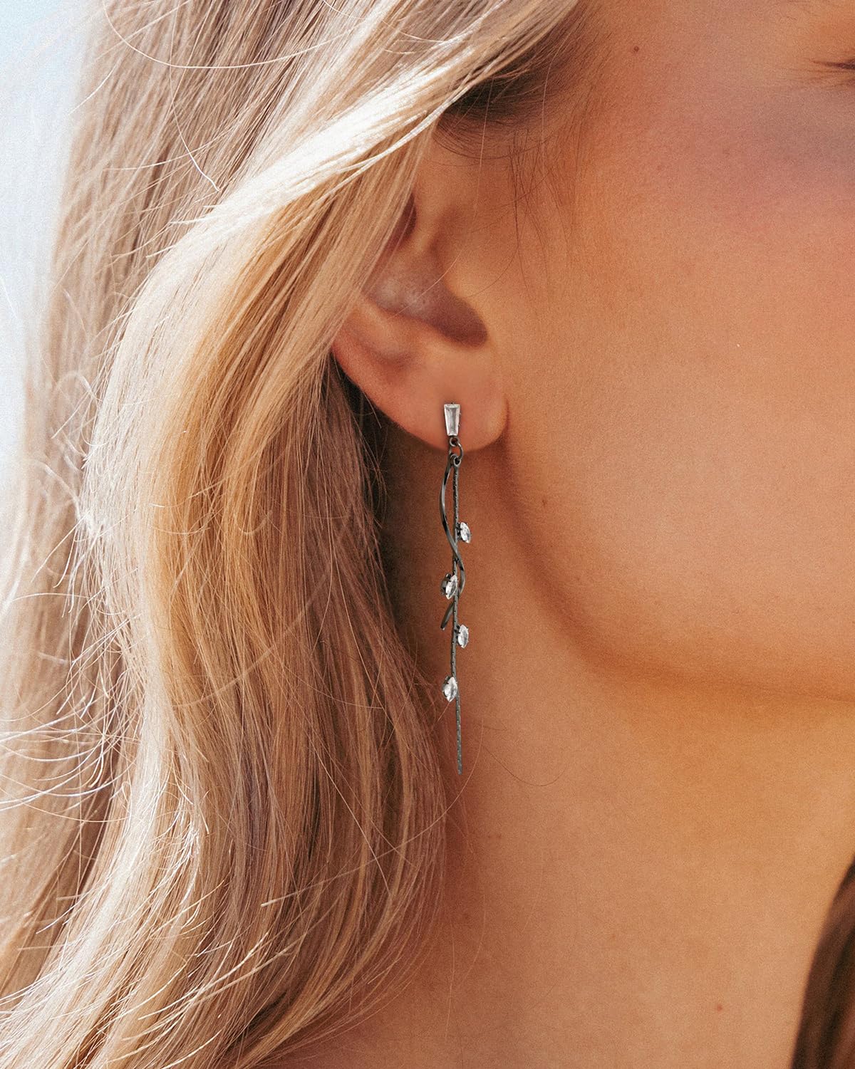 PRTGL Dangle Earrings for Women - Black Long Twist Tassel Dangle Earrings with Tiny Cubic Zirconia