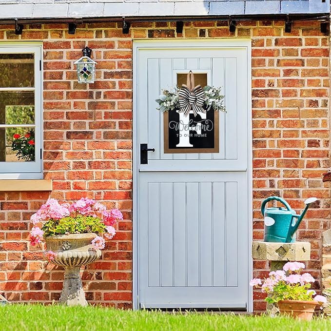 Last Name Year Round Front Door Wreath Front Porch Decoration 26 Letter Welcome Sign with Eucalyptus Garland and Bow Spring Wreaths for Front Door Outside Hanger Garland（F）