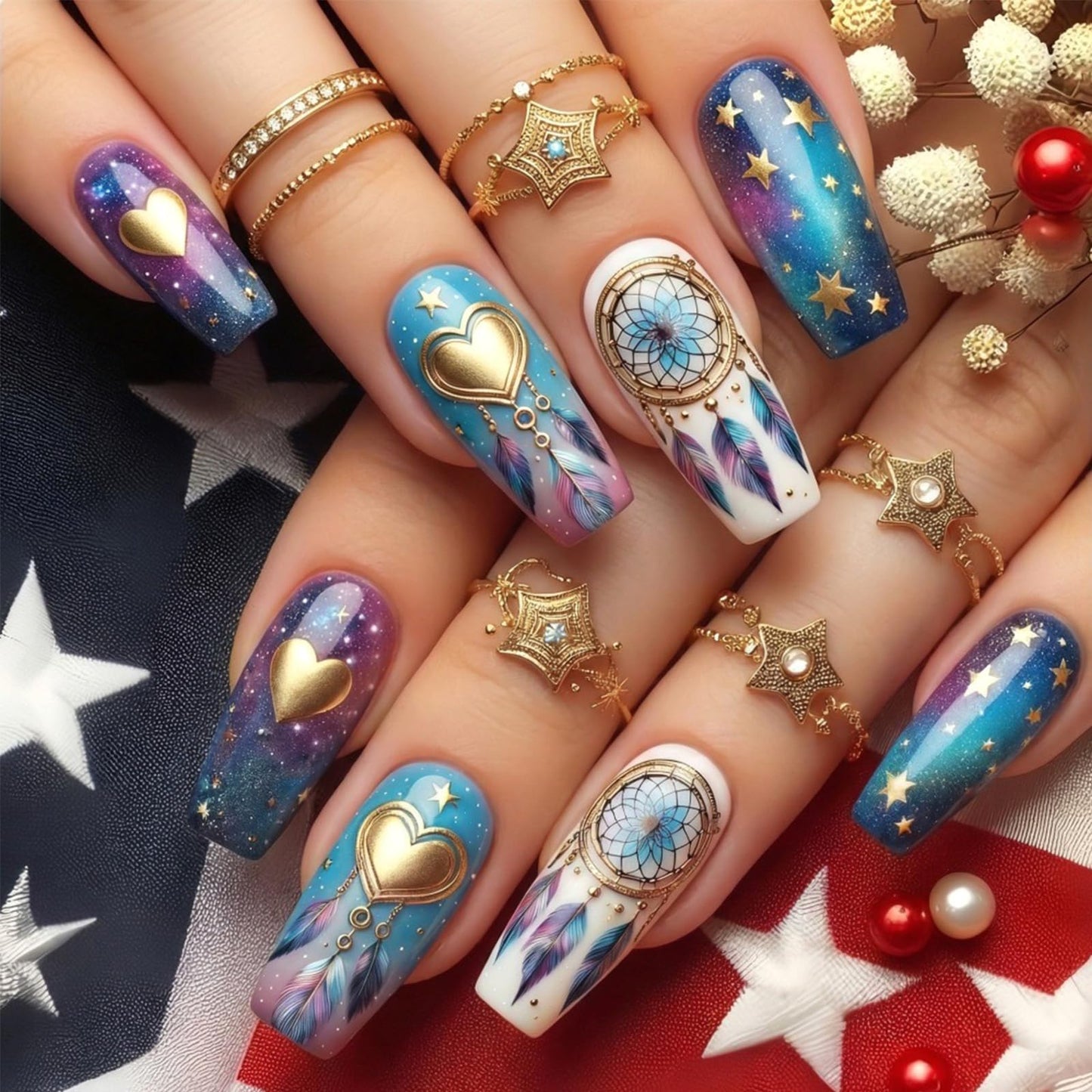 Medium Coffin Press on Nails Boho Chic Fake Nails Cosmic Galaxy False Nails with 3D Gold Heart Star Dream Catcher Designs Reusable Artificial Nail Full Cover Stick on Nails for Women Manicure