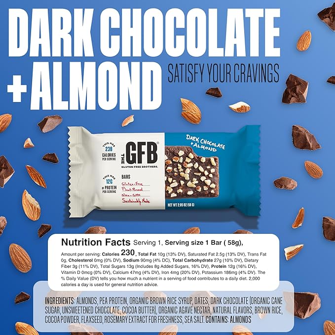 The GFB Dark Chocolate Almond Protein Bars - Gluten Free, Plant Based, Non GMO, Sustainably Made – Ridiculously Tasty, Healthy, Vegan, Nutrition Snack Protein Bars, 2.05 oz (12 Count)
