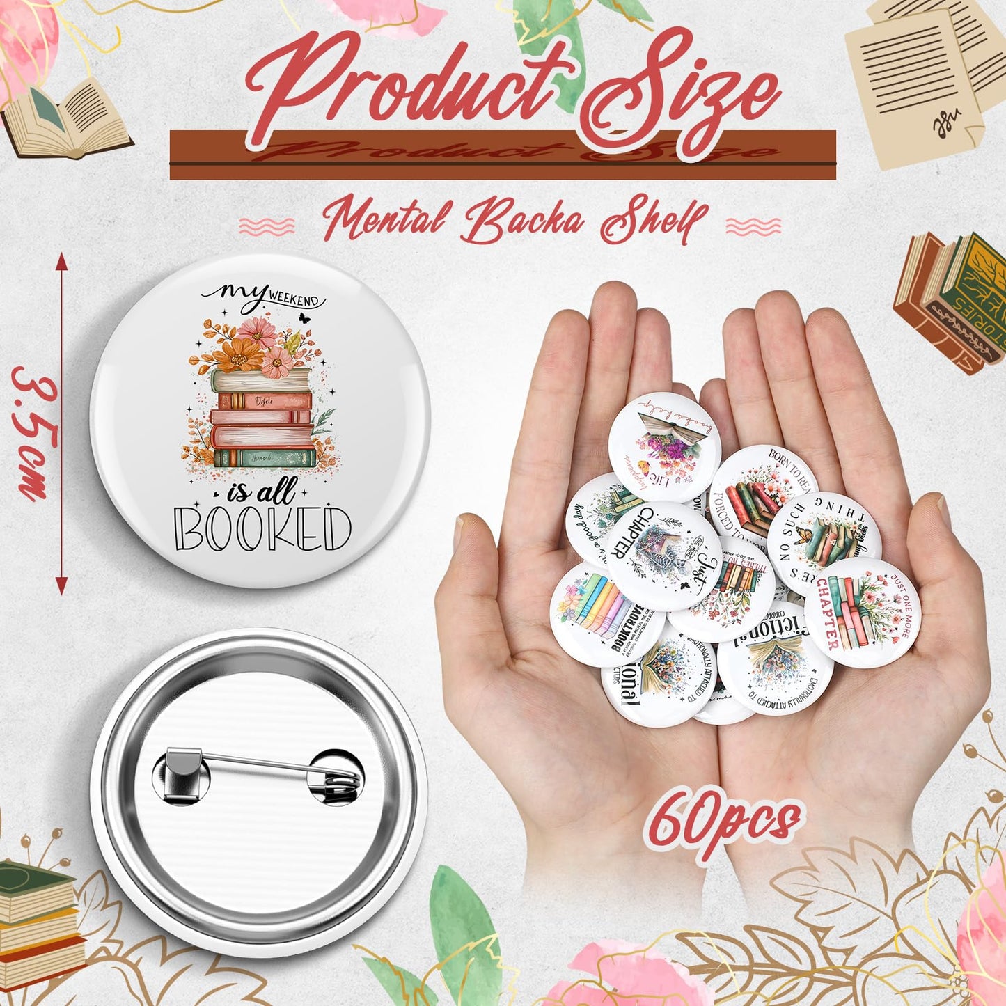 Suncalla 60 Pcs Bookish Pins Book Lover Skull Spooky/Flower/Boho Graduation Gift Buttons Pins for Backpacks with Secure Back for Bookworms, Librarians & Readers Students, Educators(Flower)