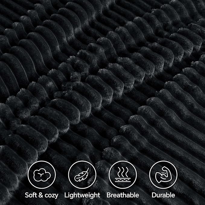 INFIIXSO Sherpa Fleece Queen Size Blanket - Super Soft & Warm Striped Fleece, Cozy Plush Fluffy Large Bed Blanket All Season Use (Black, 90x90 Inches)