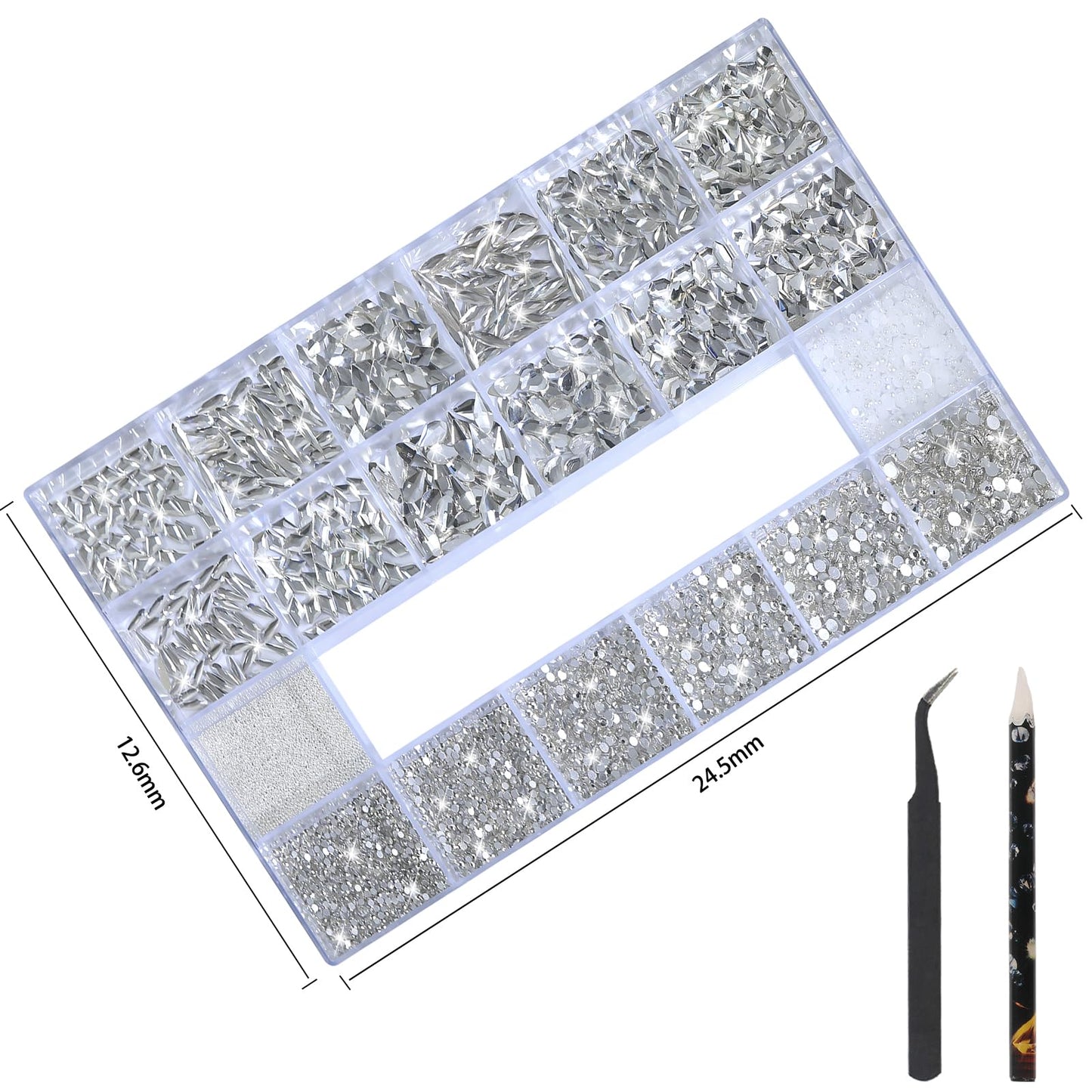 White Nail Rhinestones - 3D Multiple Shape Size Gems, Manicure Beads, Pearls, Flatback Crystals Rhinestones, with Kit, for Nail Art Decor