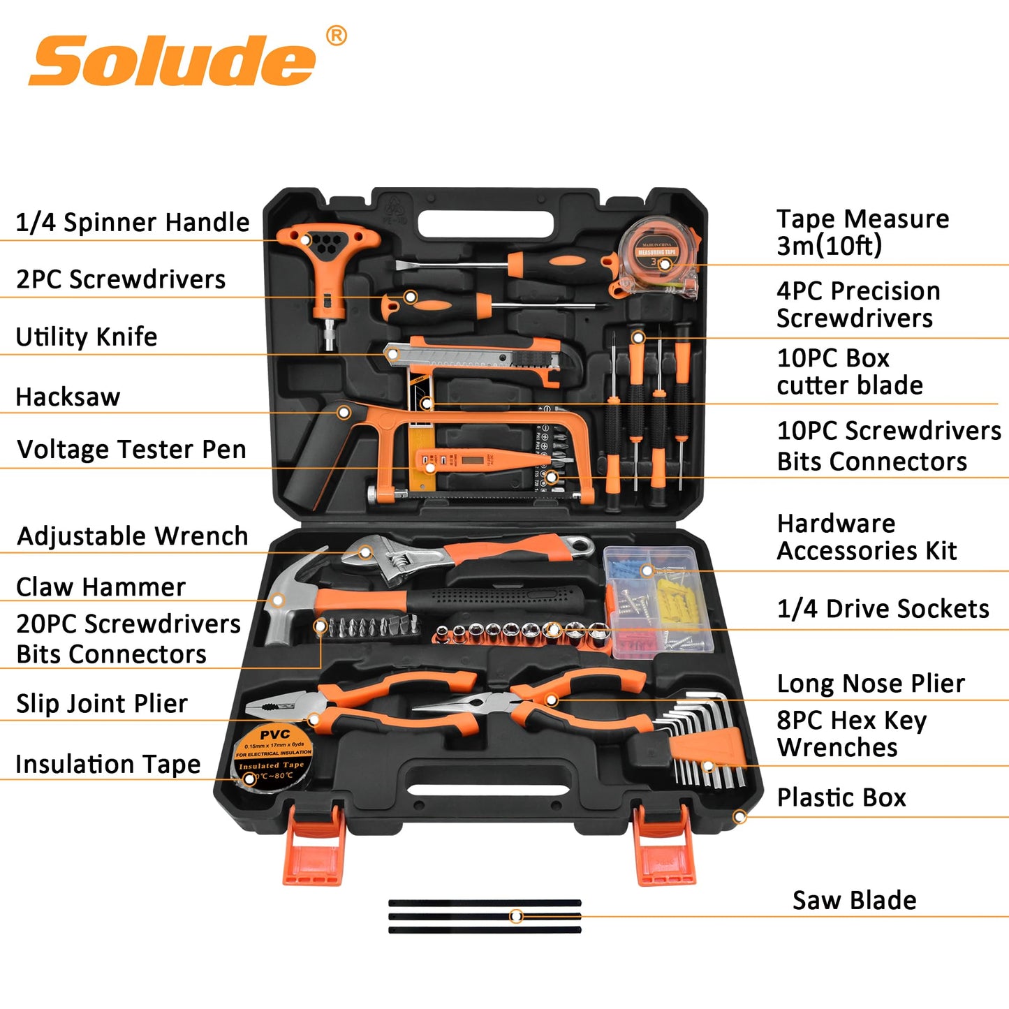 SOLUDE Tool Set,182-Piece Home Repair Tool Kit for Men Women College Students,Household Basic Hand Tool Sets with Case for Home Maintenance,Dorm Essentials and DIY Projects