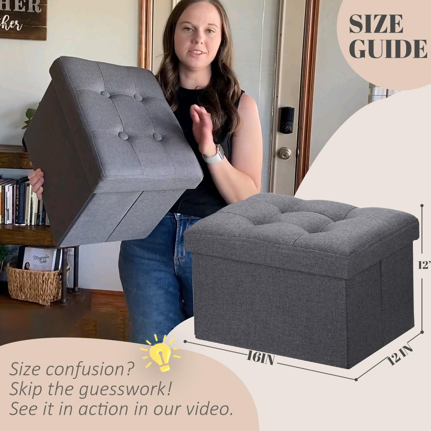 LINMAGCO Ottoman Storage Ottoman with Storage Small Foot Rest Stool Under Desk Stool Short Folding Footrest Linen Cloth Dark Gray 16X12X12IN