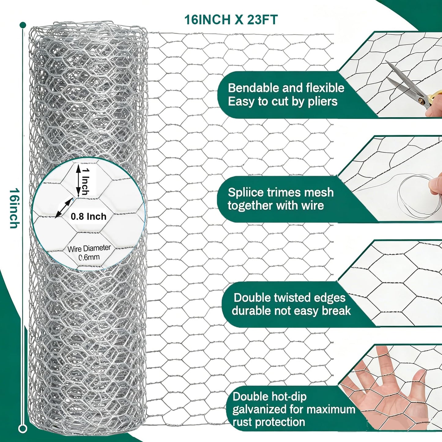 KIMZHE Chicken Wire Fencing, 16 Inx 23Ft(40cm x 7m) Chicken Wire Mesh Roll, 1 in Mesh Poultry Wire Netting, Anti-Rust Hexagonal Galvanized for Chicken Coop Crafts Garden Fence with 50 Zip Ties