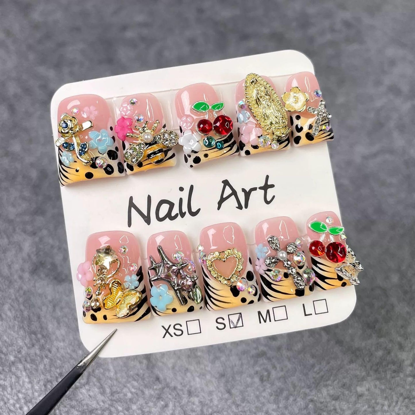 Threelegscat Medium Press on Nails Handmade Duck Fake Nails with with Chrrey Charm Designs for Women Size L 10pcs
