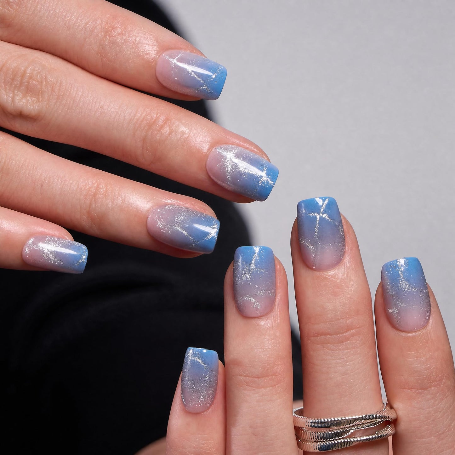 CurvLife Soft Gel Square Press-On Nails Short, Blue Cat Eye Reusable Fake Nails with Glue & Adhesive Tabs, 30PCS Salon-Quality Stick-On Nails for At-Home Manicure (Aurora Drift)
