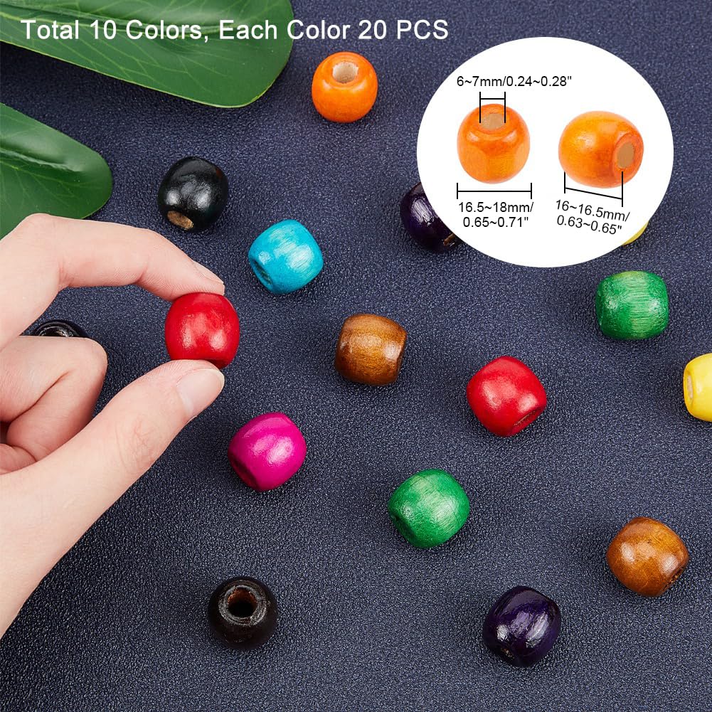 PH PandaHall Painted Round Wooden Beads, 200pcs 10 Colors Wood Barrel Beads16.5mm Colorful Loose Beads with 6mm Large Hole for Bracelet Necklace Macrame