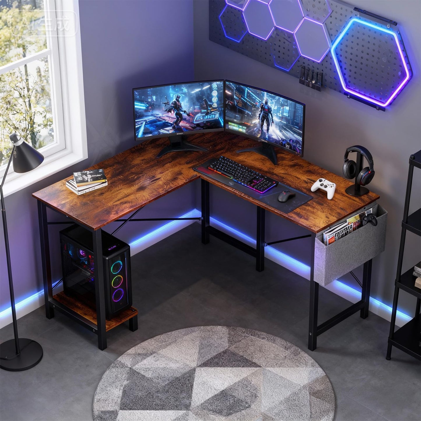 OLIXIS L Shaped Desk, 50-Inch Office Computer Gaming Desks Corner PC Table with Side Bag and Reversible Shelf for Home Work Study Writing Rustic Brown