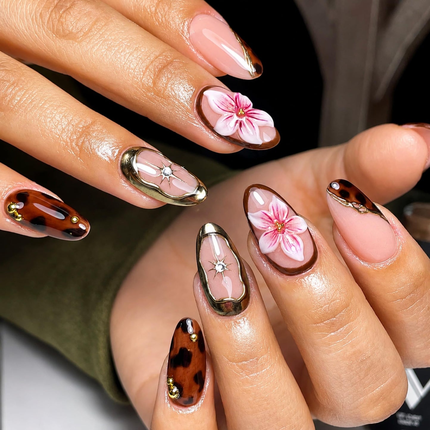 Medium Press on Nails Almond Fake Nails Brown Artificial Nail Tortoise Stick on Nail with 3D Flower Gold Frame Rhinestone Accent for Women 30pcs
