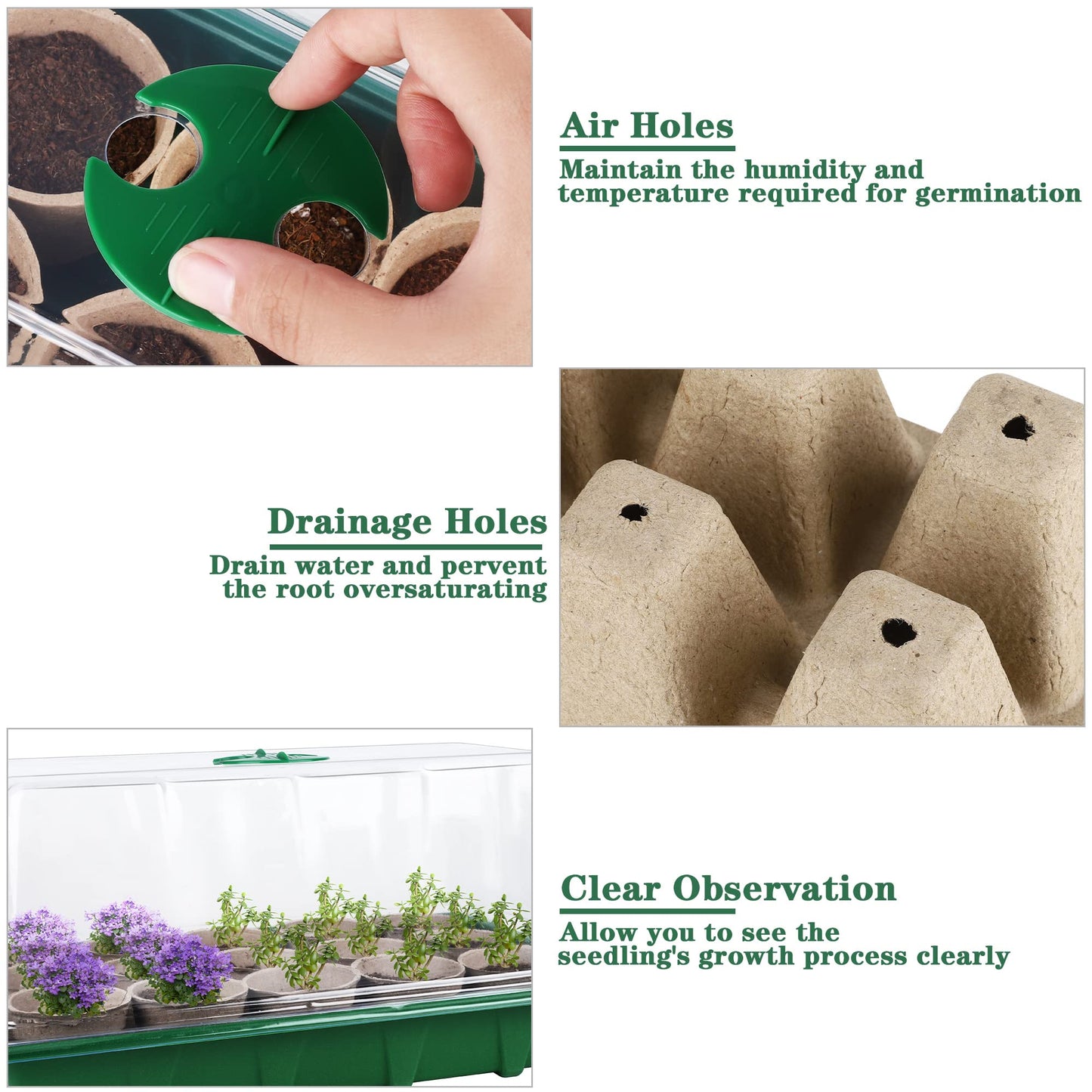 Hahood 4 Pack Seed Starter Tray Set Plants Growing Trays Peat Pots for Seedlings with Seed Starter Pots, Plastic Germination Tray, Plant Labels, Tool for Flower Vegetable Planting, Green