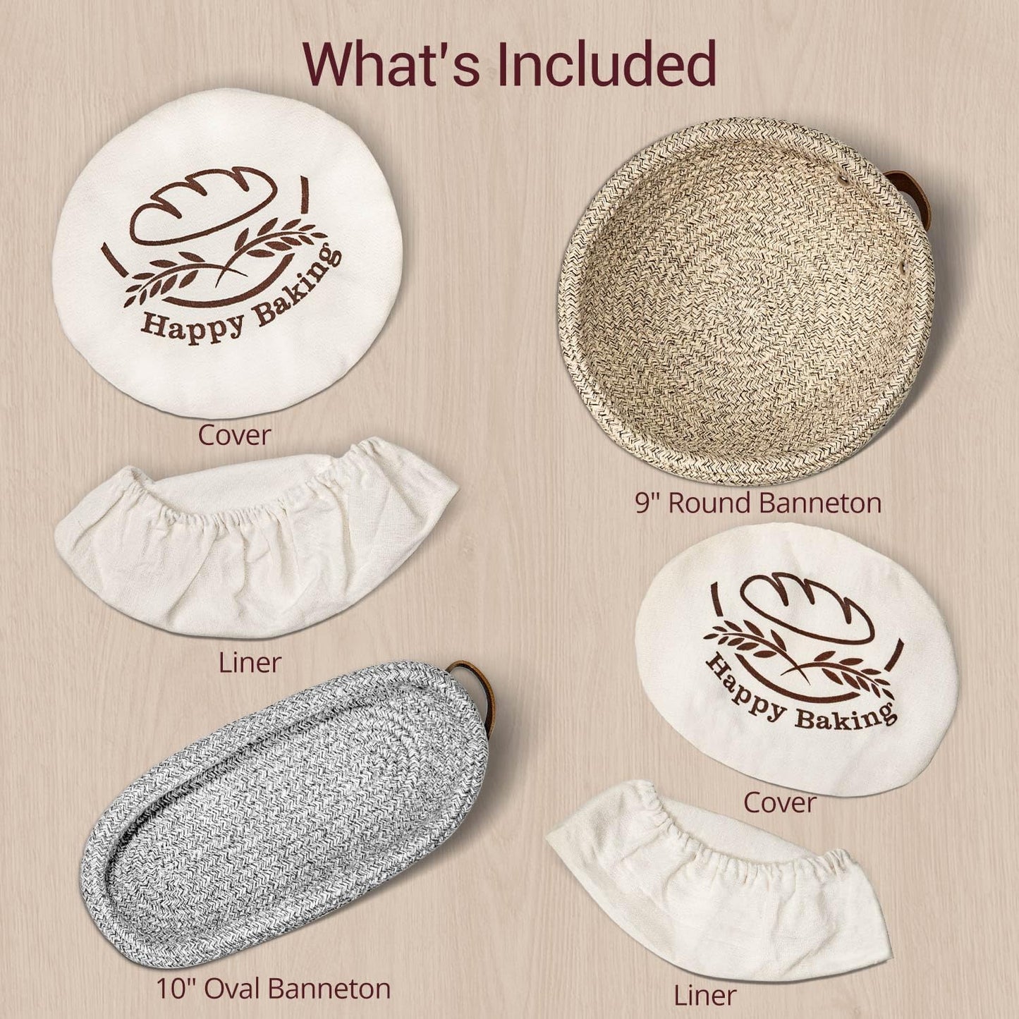 Sourdough Proofing Basket - Banneton Bread Proofing Basket, 9" Round & 10" Oval Cotton Rope Banneton Basket Set with Liners & Covers for Bread Baking