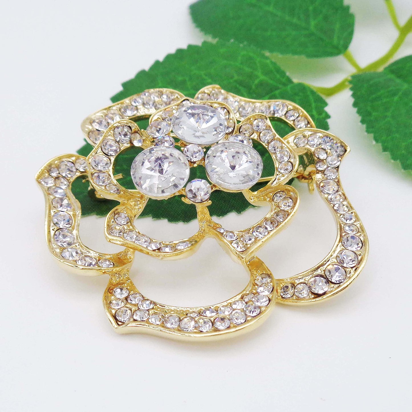 Navachi 18k Gold Plated Clear Crystal Blooming Rose Flower Az7437b Brooch pins