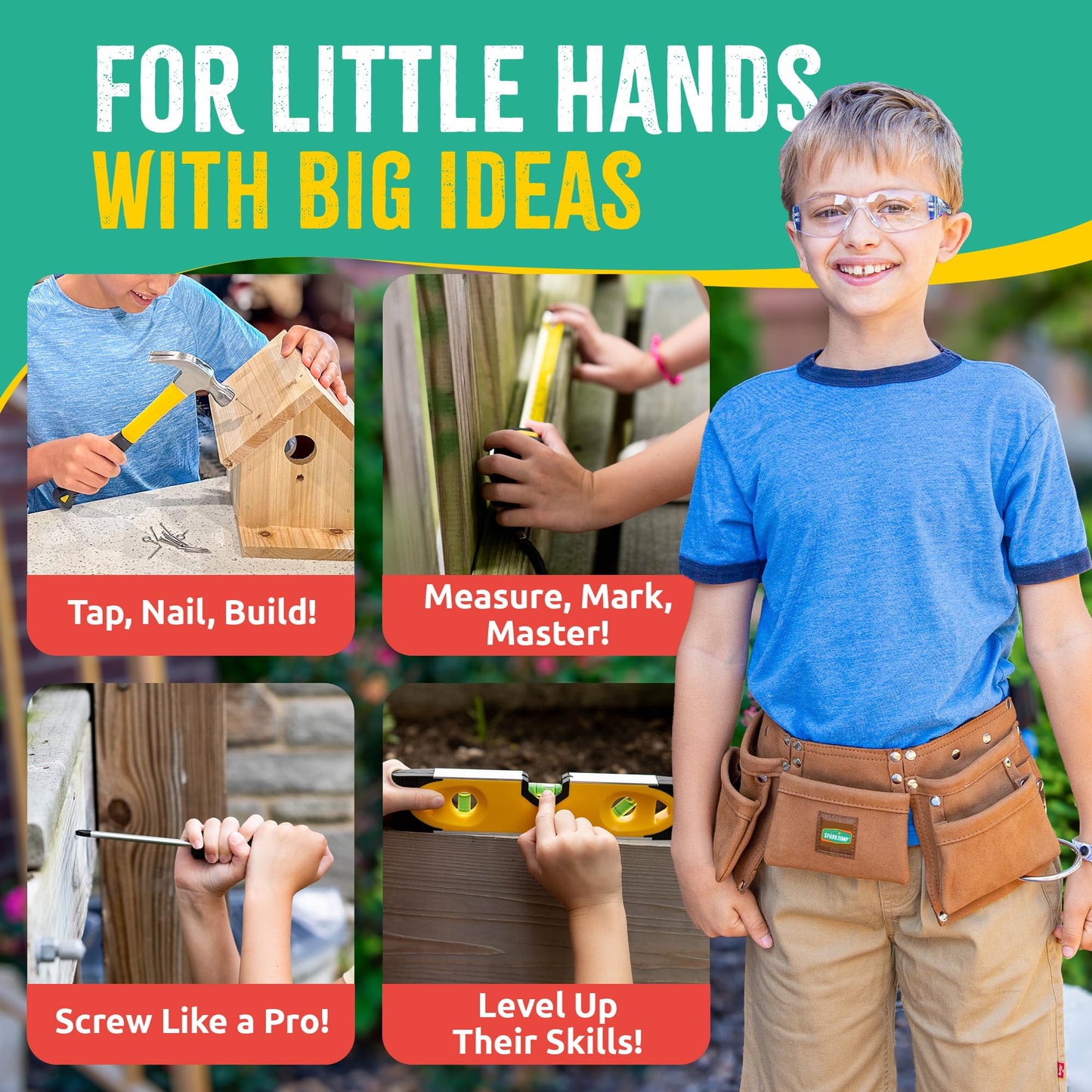 SparkJump Deluxe Kids Tool Set, Real Tools with Tool Belt & Tool Box, Beginner Tool Kit for Boys & Girls Ages 6 & Up, Brown Ultimate Tool Set