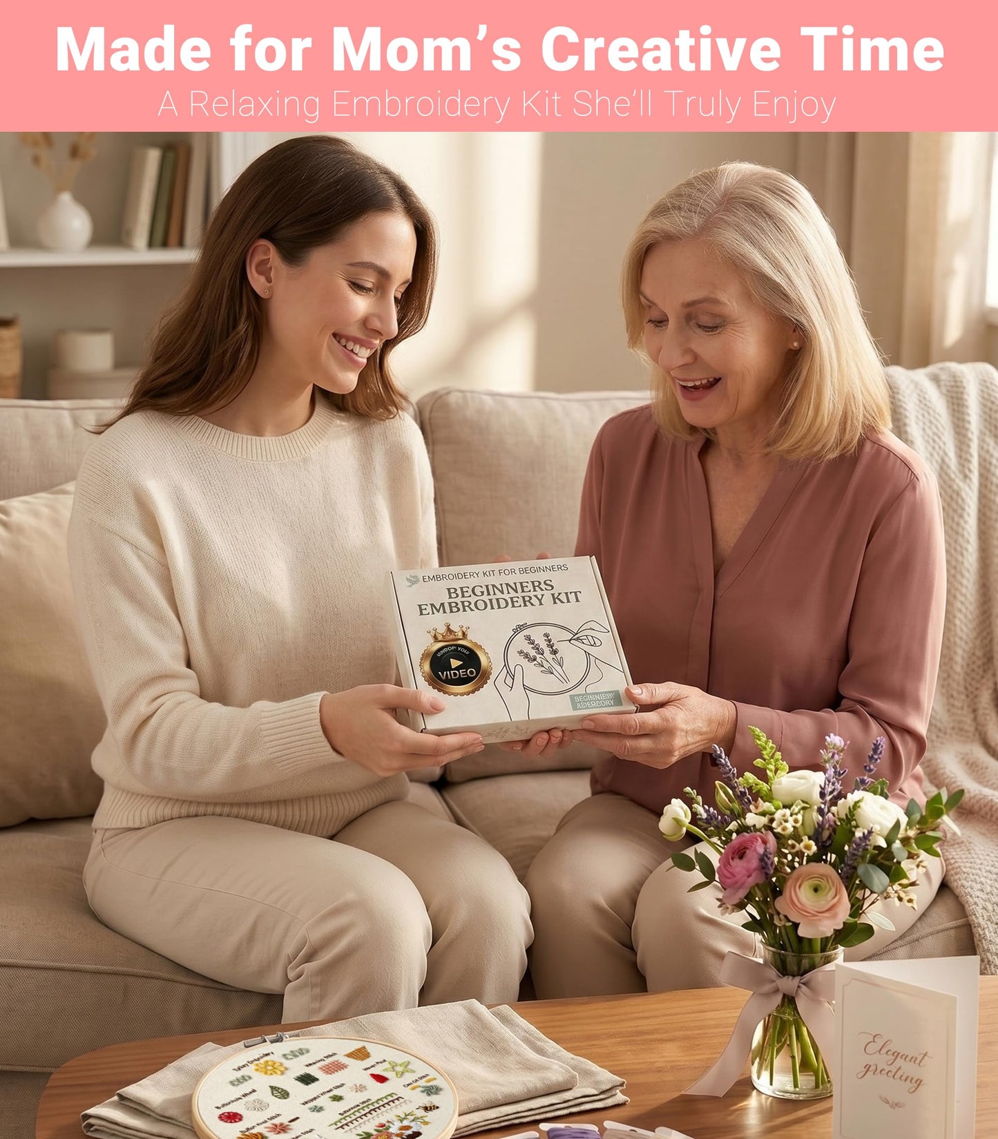 ZenHues Embroidery Kit for Beginners Adults with Level 0 Practice Sampler, 5 Pre-Printed Patterns & Video Tutorials with 7.8" Hoop, Learn 30+ Stitches, DIY Needlework Craft Gift for Women