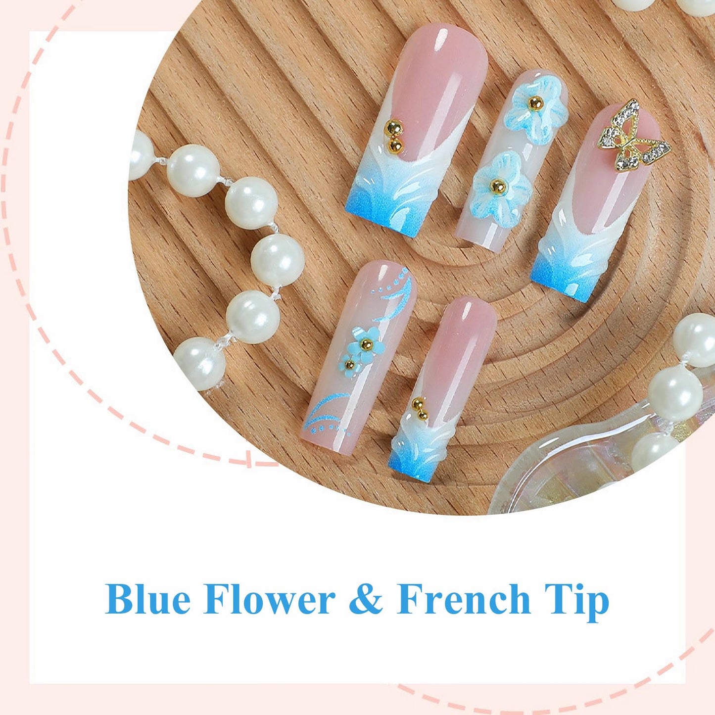 MISUD Press on Nails - Long Square Glue on Nails with Summer Blue, Acrylic Flower Butterfly Design 24 pcs