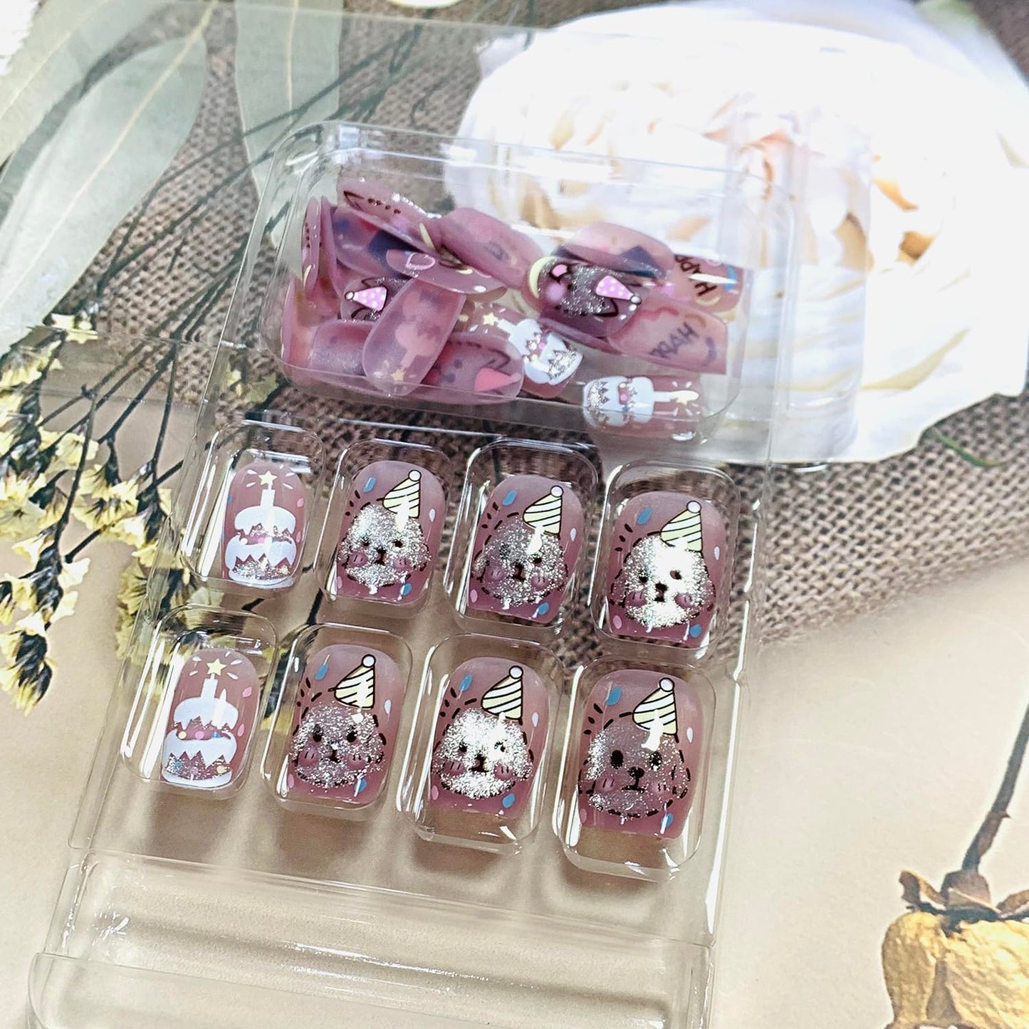 EYZOTSF Press on Nails Square Short Length Acrylic Glossy Full Cover Cute False Nails with Dog Cake Designs Artificial Extra Short Square Shaped Fake Nails Glue ons Fingernails for Women Girls