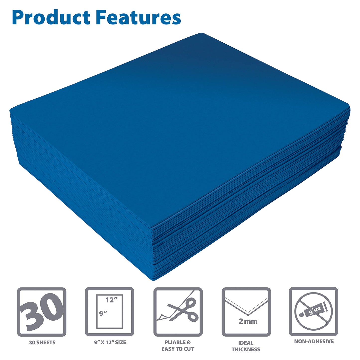 Better Office Products Blue EVA Foam Sheets, 30 Pack, 2mm Thick, 9 x 12 Inch, Blue Color, for Arts and Crafts, 30 Sheets Bulk Pack