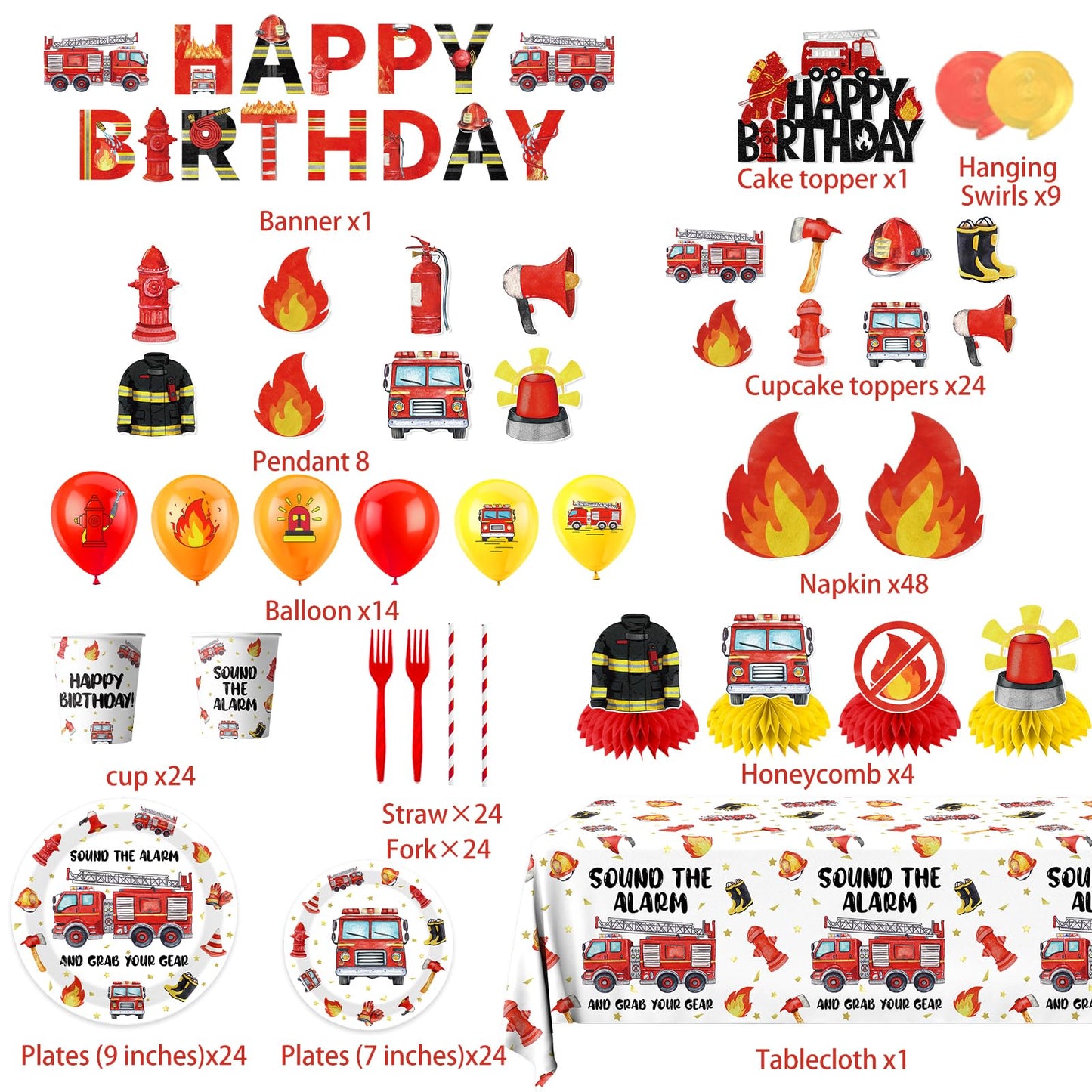 219pcs Firetruck Birthday Decorations Tableware Include Fire Truck Plates and Napkins Set, Cups, Banner, Hanging, Tablecloth, Cake Topper, Cupcake Topper for Firefighter Party Decorations Serve 24