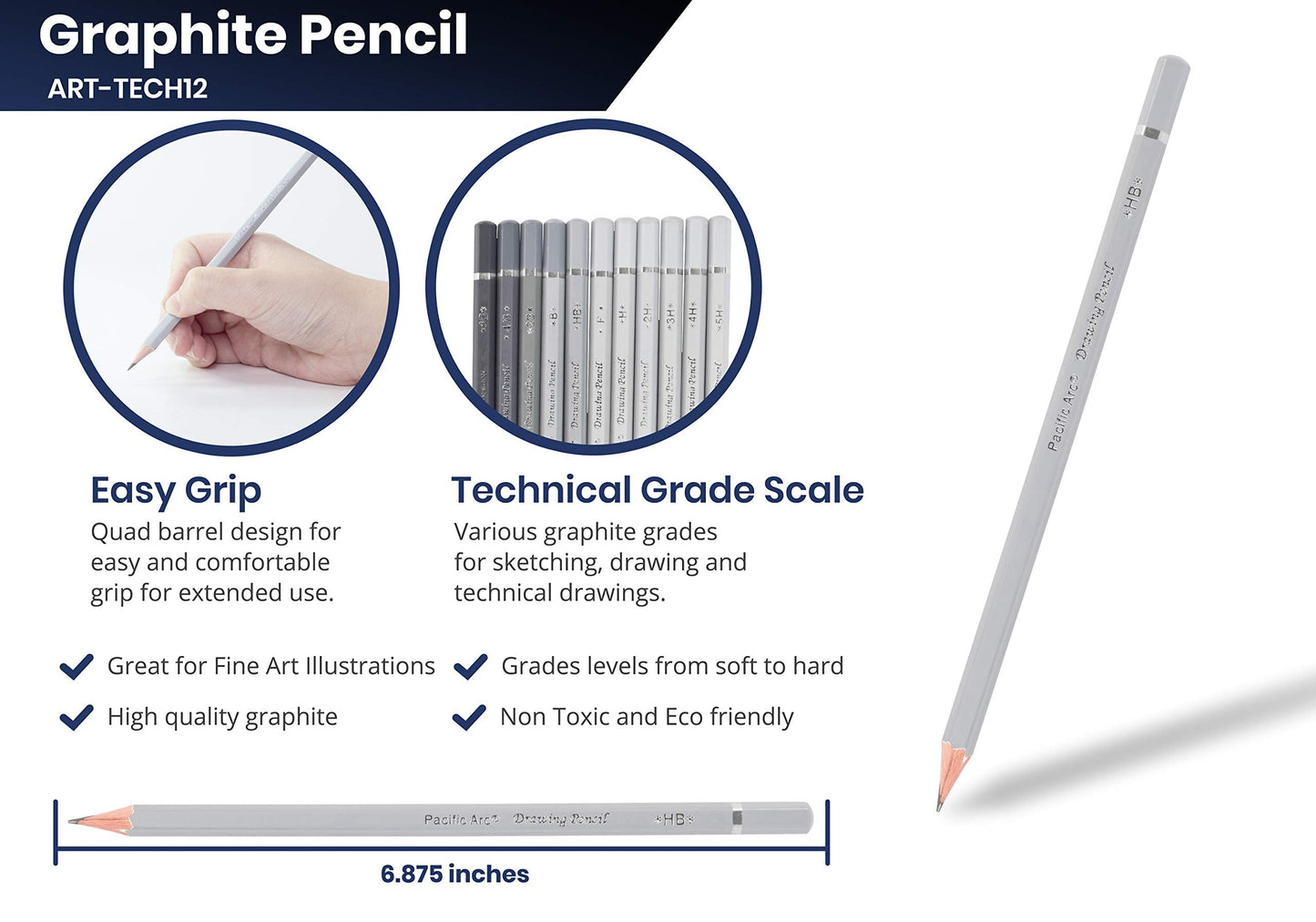 Pacific Arc Premium Graphite Drawing Pencils for Artists, Soft Pack - Professional Pencils for Drawing, Drafting, Sketching and Shading 12 Pk. - Great Non Toxic Art Supplies Set