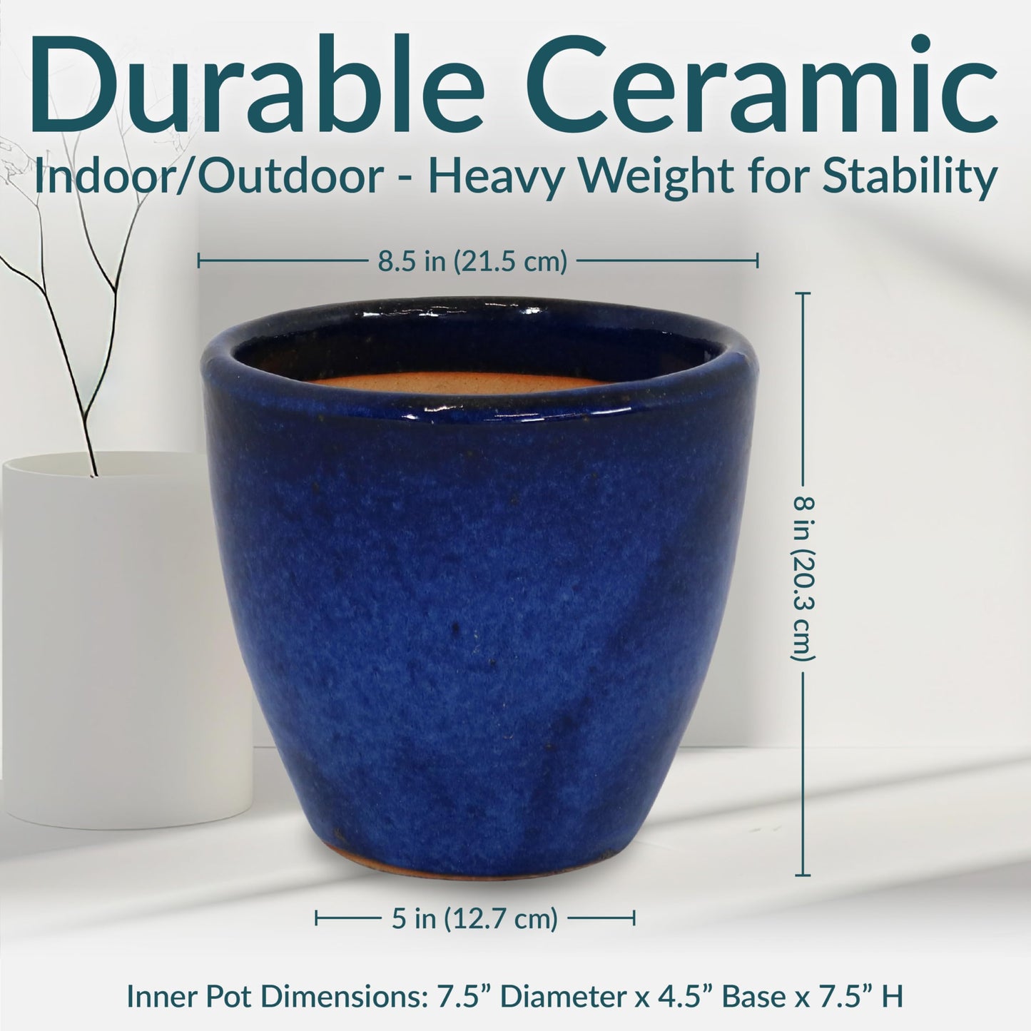 Sunnydaze Resort Round Ceramic Planter - Set of 2 Indoor or Outdoor Plant Pots with Drainage Hole - 8" - Imperial Blue Glaze