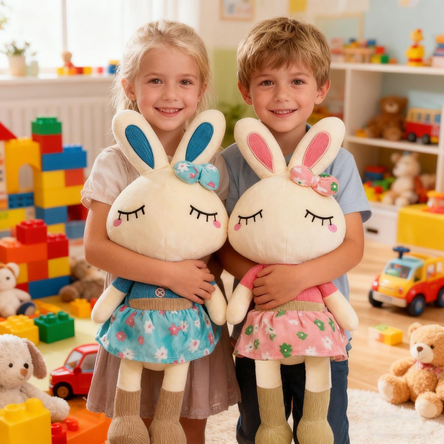 Set of 2 Easter Bunny Plush for Kids, 18.3" Easter Stuffed Animal, Big Rabbit Toys Cute Birthday Gifts for Boy Girl, Pink & Blue