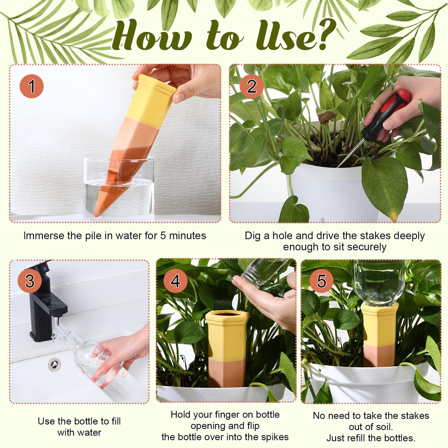 DoubleFill 8 Pcs Terracotta Plant Watering Spikes Self Watering Planter Insert Automatic Plants Waterer Devices 8 Colors Slow Release Stakes for Indoor Outdoor Vacation