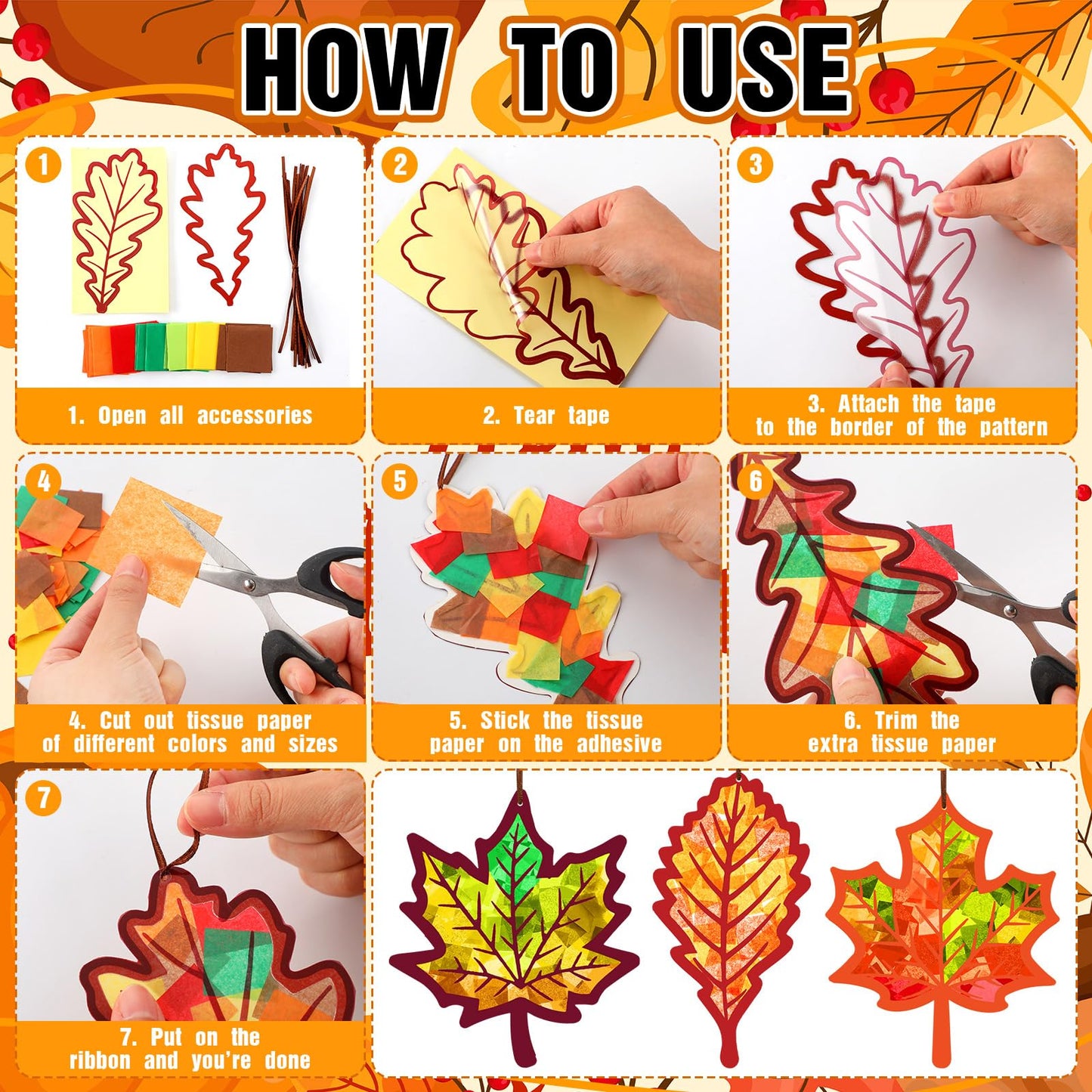 Motipuns 32 Sets Thanksgiving Day Maple Leaf Suncatchers Craft Kits DIY Fall Leaf Tissue Paper Crafts Stained Glass Effect Tissue Paper Kit for Autumn Halloween Window Art