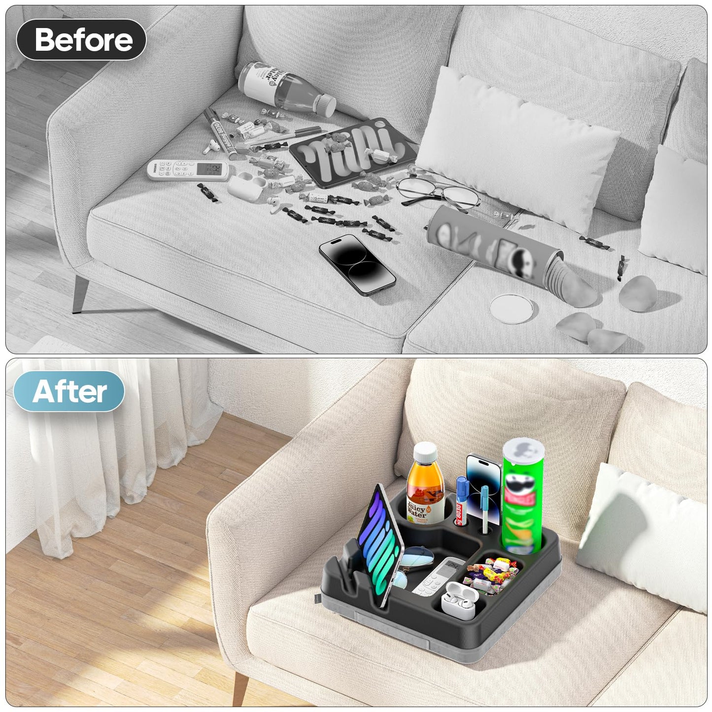 Couch Cup Holder Tray Couch Cup Holder Pillow Bed Tray Snack Sofa Bed Caddy Organizer Beach Sofa Drink Holder Anti-Spill Portable Snack Caddy Couch Remote Holder for Phone Pad Kindle Beverage Black