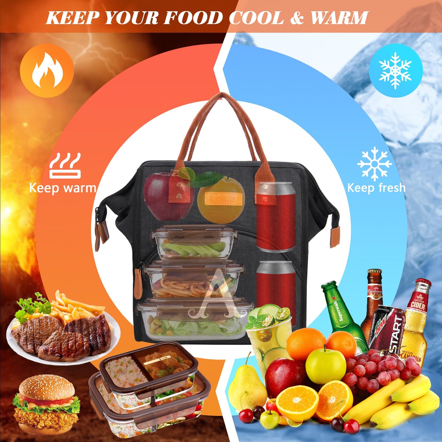 Personalized Lunch Box for Women, Initial Reusable Insulated Lunch Bag, Wide-Open Adult Lunchbox Cooler Lunchbag, Leakproof Lunch Tote for Picnic Work Outdoors, Christmas Gift for Women, Black - E