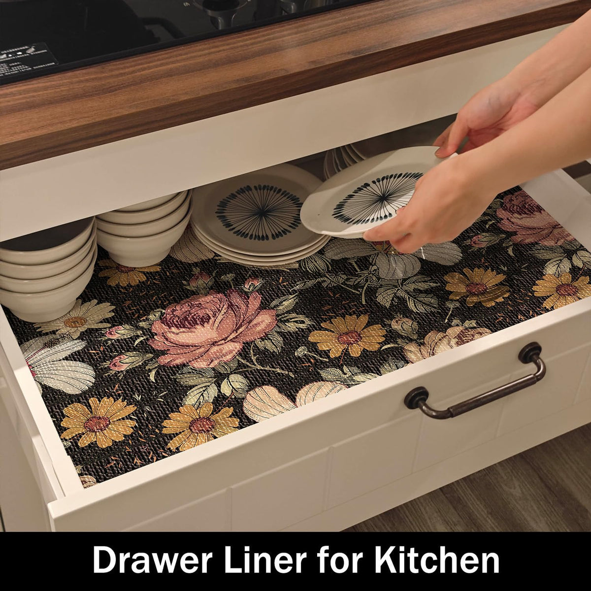 Black Retro Floral Shelf Drawer Liner for Kitchen Non (9.67 Sq Ft)