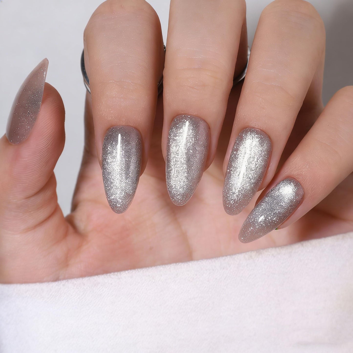 Silver Crystal Cat Eye Medium Almond Press on Nails - Chrome Magnetic Gel Nails Kit, Reusable 32 Pcs with Glue & 16 Sizes for Women, Parties, Events