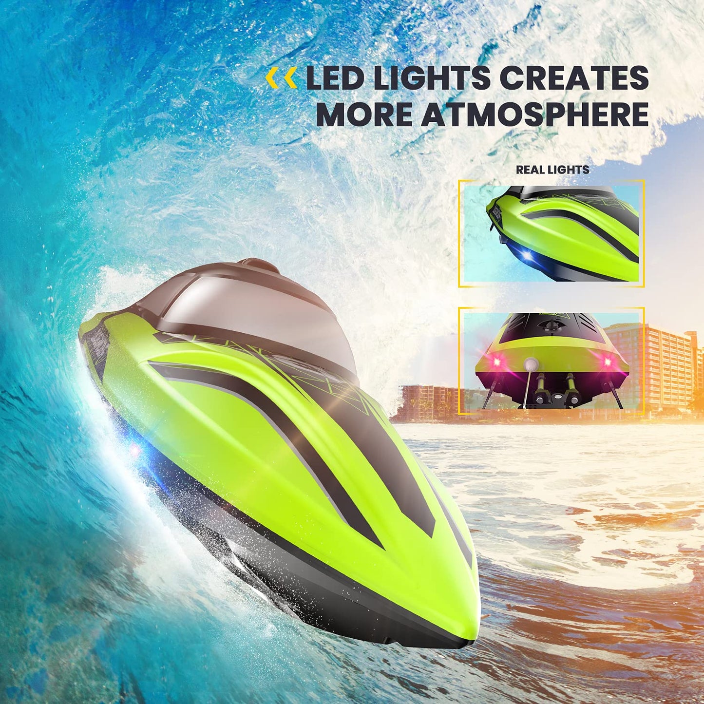 DEERC 14-Inch RC Boat, 20+ MPH High Speed Remote Control Boat for Pool & Lake, Auto Self-Righting, 2 Batteries, 493FT Control Range, LED Lights, 2.4GHz Full Proportional Control, Water Toy Gift