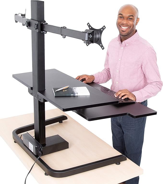 Stand Steady Techtonic Electric Standing Desk Converter wIth Dual Monitor Mount, 2 Screen Support, Quiet Sit-Stand Desk with Button Control, Keyboard Tray, Ideal for Gaming & Computer Work (Black)