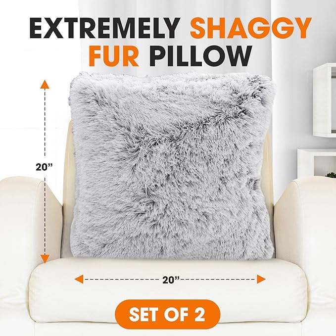 Cheer Collection Throw Pillows for Couch and Bed, Soft Shaggy Throw Pillows with Inserts Included, Cozy Long Hair Faux Fur Pillows - Set of 2-18" x 18" - Gray