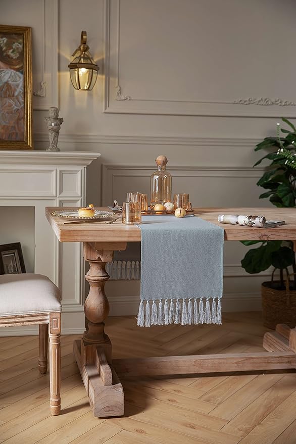 ZeeMart Dusty Blue Table Runners 36 Inches Long, Burlap Linen Style Rustic Farmhouse Table Runner, Small Short Boho Coffee Table Runner, 13x36 Inches, Light Dusty Blue