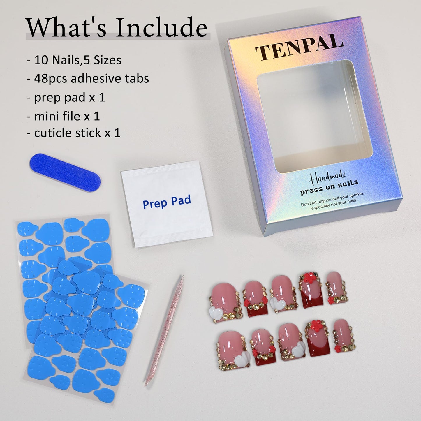 TENPAL Short Squoval Press on Nails - Red French Tip with Rhinestone Edge & Floral | Nude Pink Glossy Fake Nails | Clean Girl Manicure Set(M)
