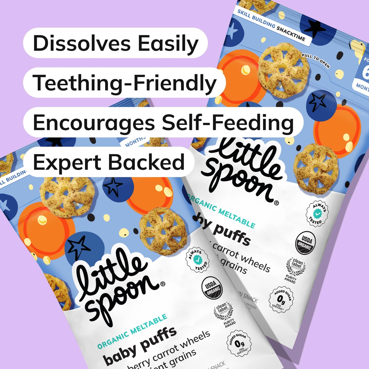 Little Spoon Blueberry Carrot Meltable Baby Wheels, Organic Corn, Quinoa & Sorghum, No Added Sugar Snacks, Encourages Self-Feeding, 1 Oz Bag, 4 Pack