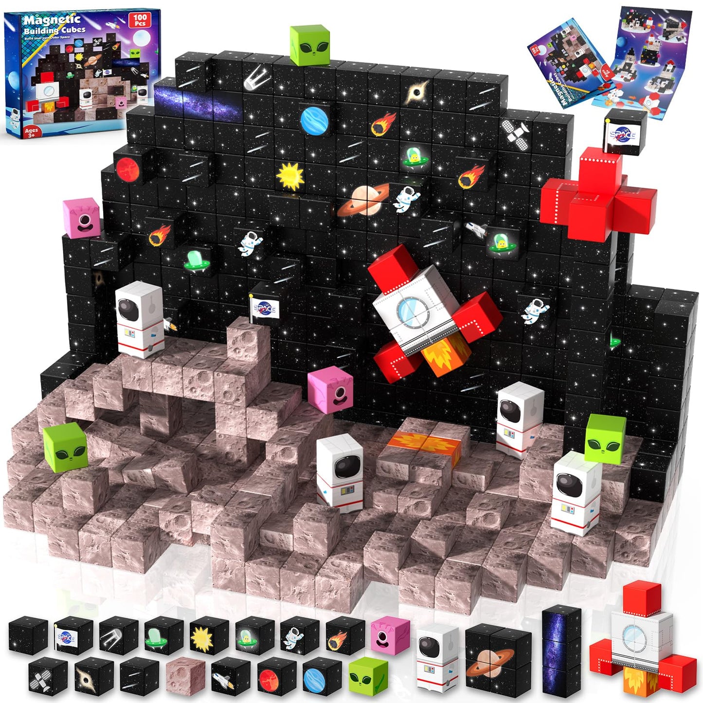 Goody King 100PCS Space Rocket Magnetic Building Blocks |Space Adventure Magnetic Blocks Set, STEM Montessori Stacking Toy, Building Playsets for Boys and Girls Ages 3-10,Sensory Tile Easter Gifts