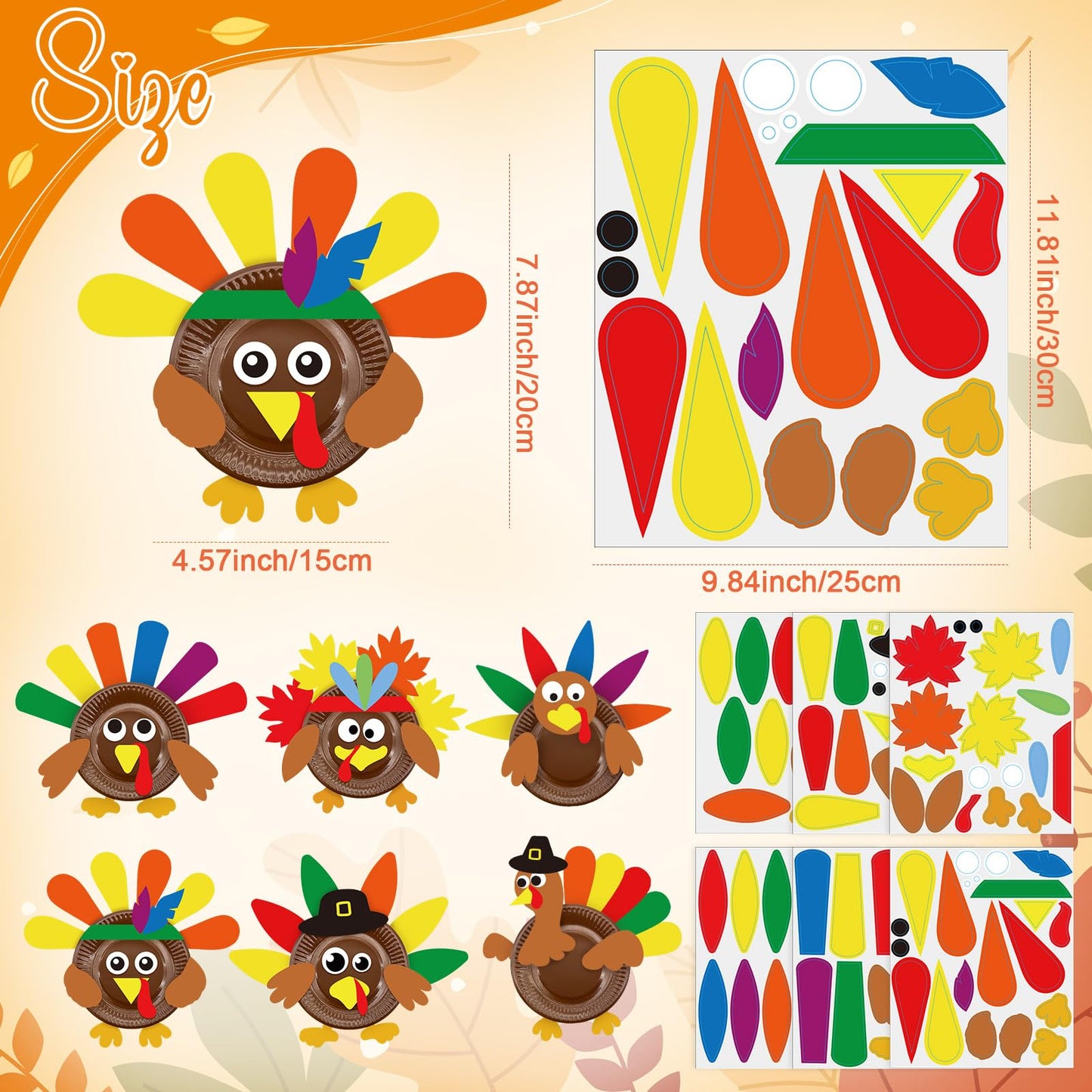 Cinrobiye 24 Sets Thanksgiving Turkey Craft Kits Fall Thanksgiving Ornaments Decorations Art Sets DIY Autumn Make a Turkey Crafts Stickers Arts and Crafts for Fall Party Classroom Activities (Cute)